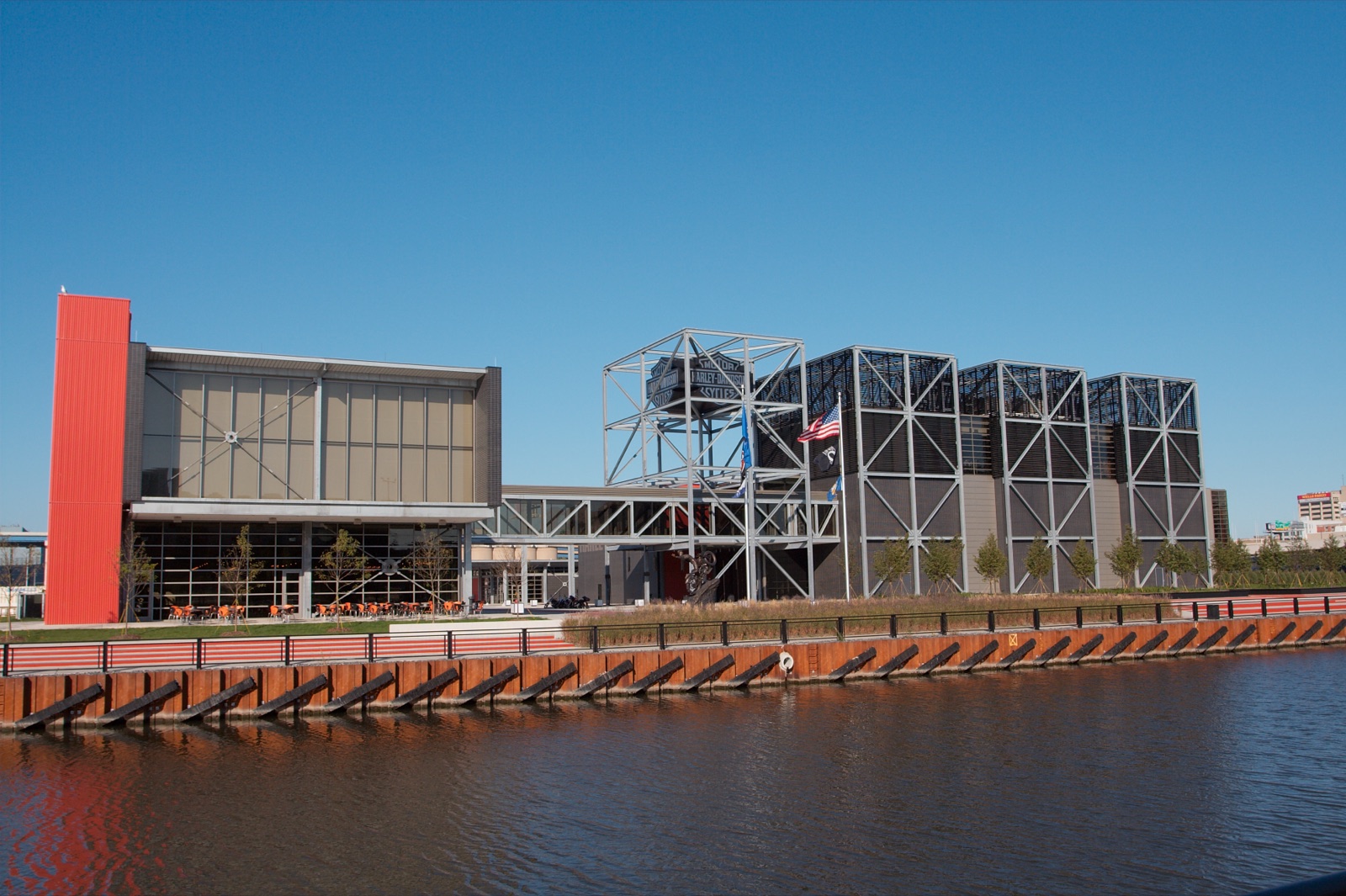 Harley-Davidson Museum exterior viewed from across the Menomonee River in Milwaukee, Wisconsin