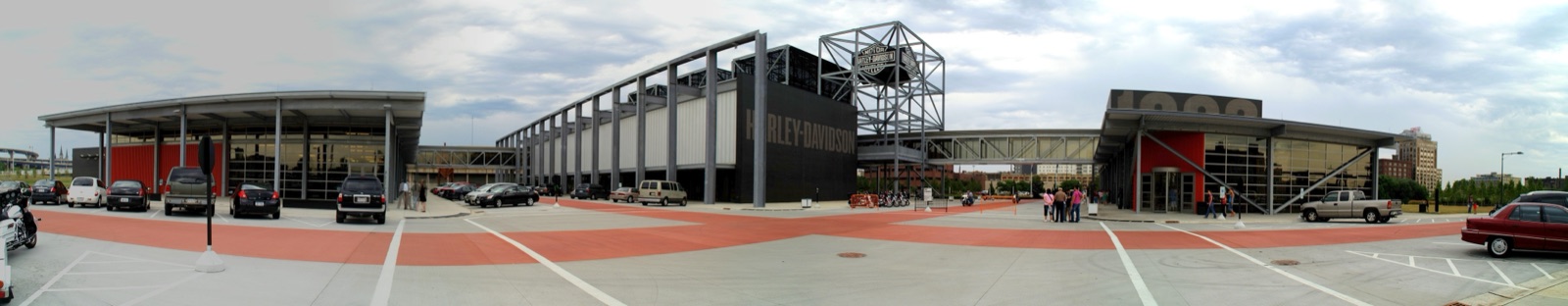 Harley-Davidson Museum campus panorama along the Menomonee River in Milwaukee