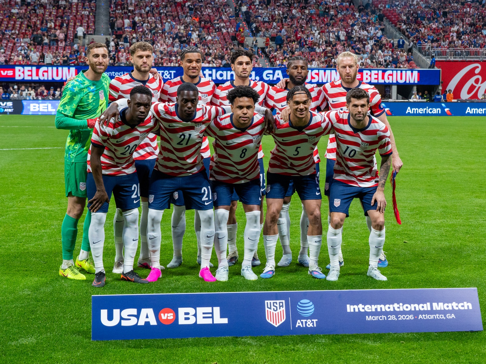 USMNT Starting XI on the pitch versus Belgium on March 28, 2026 — the pre-World Cup squad